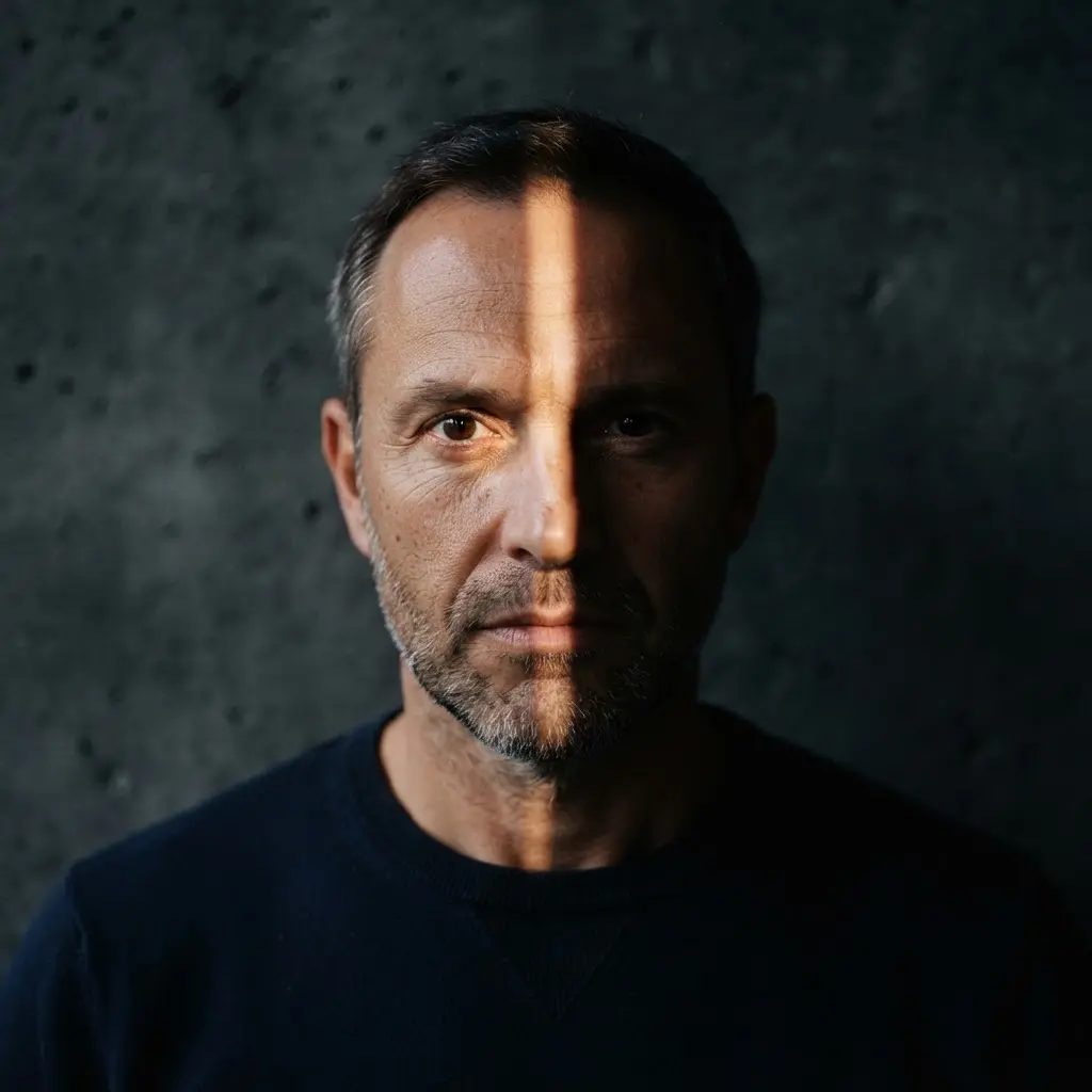Face portrait divided by a narrow beam, showing low key light and shadow photography ideas contrast.