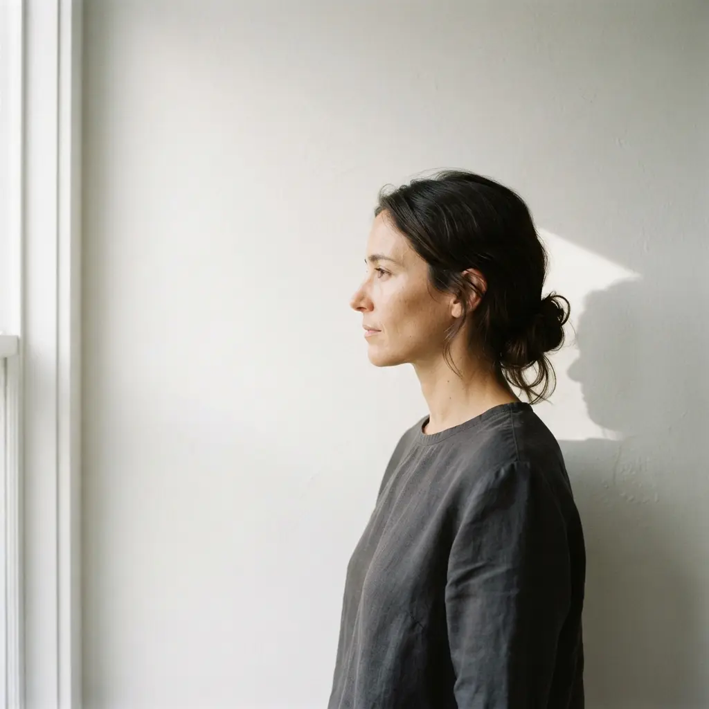 Side profile beside a blank wall, with a single clean shadow extending behind the head.