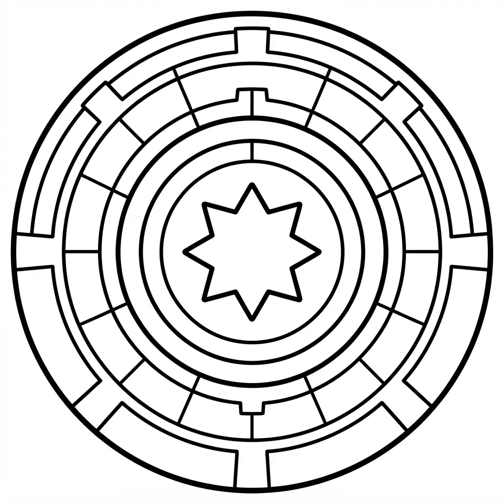 Minimalist circular geometric star mandala coloring page with broad shapes and clean radial lines.