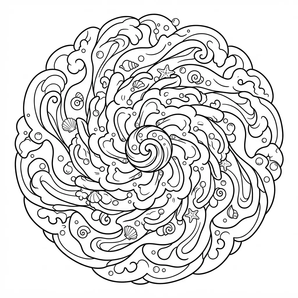 Ocean wave flowing water mandala coloring page with curling waves, shell details, and blue watercolor fills.