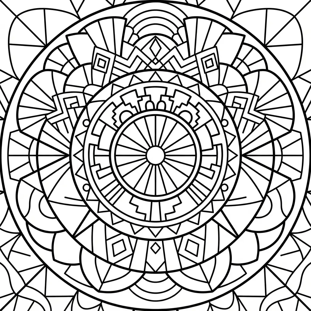 Abstract Art Deco linear mandala coloring page with straight rays, arches, and repeated geometric bands.