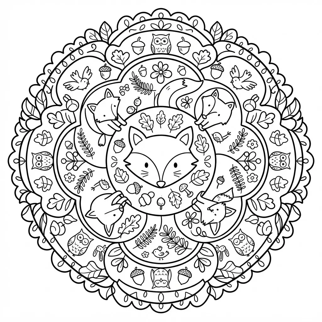 Mandala design with hidden animals coloring page showing foxes, birds, and leaves within circular sections.