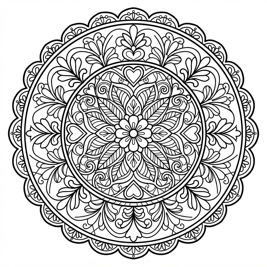 Vintage lace doily pattern with scalloped edges, loops, floral centers, and fine black line details.