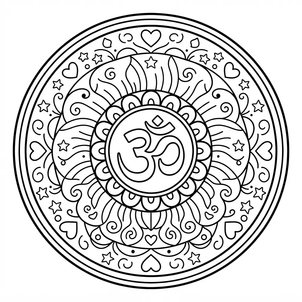 Spiritual Om symbol at the center of a circular artwork with petals, rays, and curved borders.