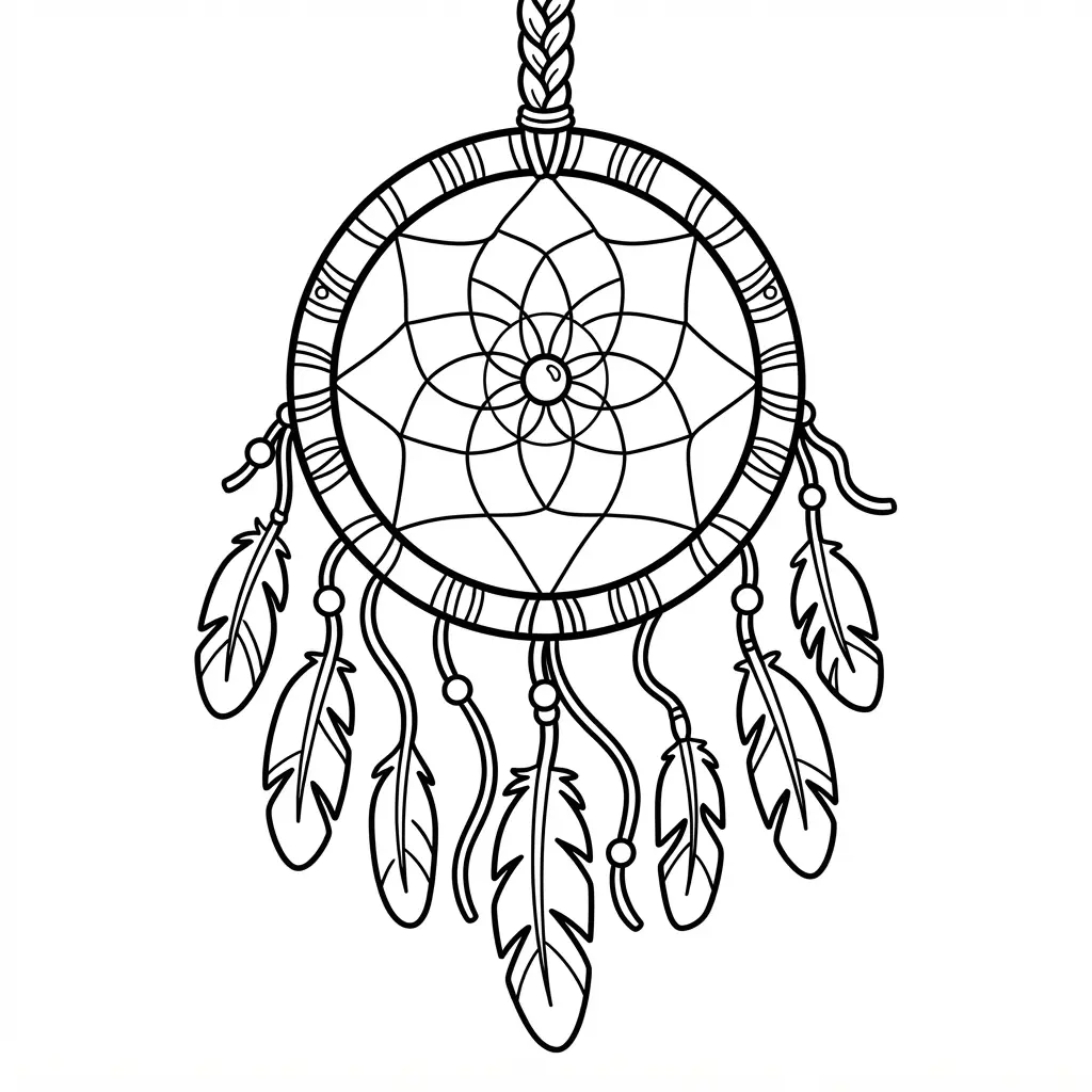 Dreamcatcher inspired feather fringe with a round frame, hanging feathers, beads, and curved line sections.