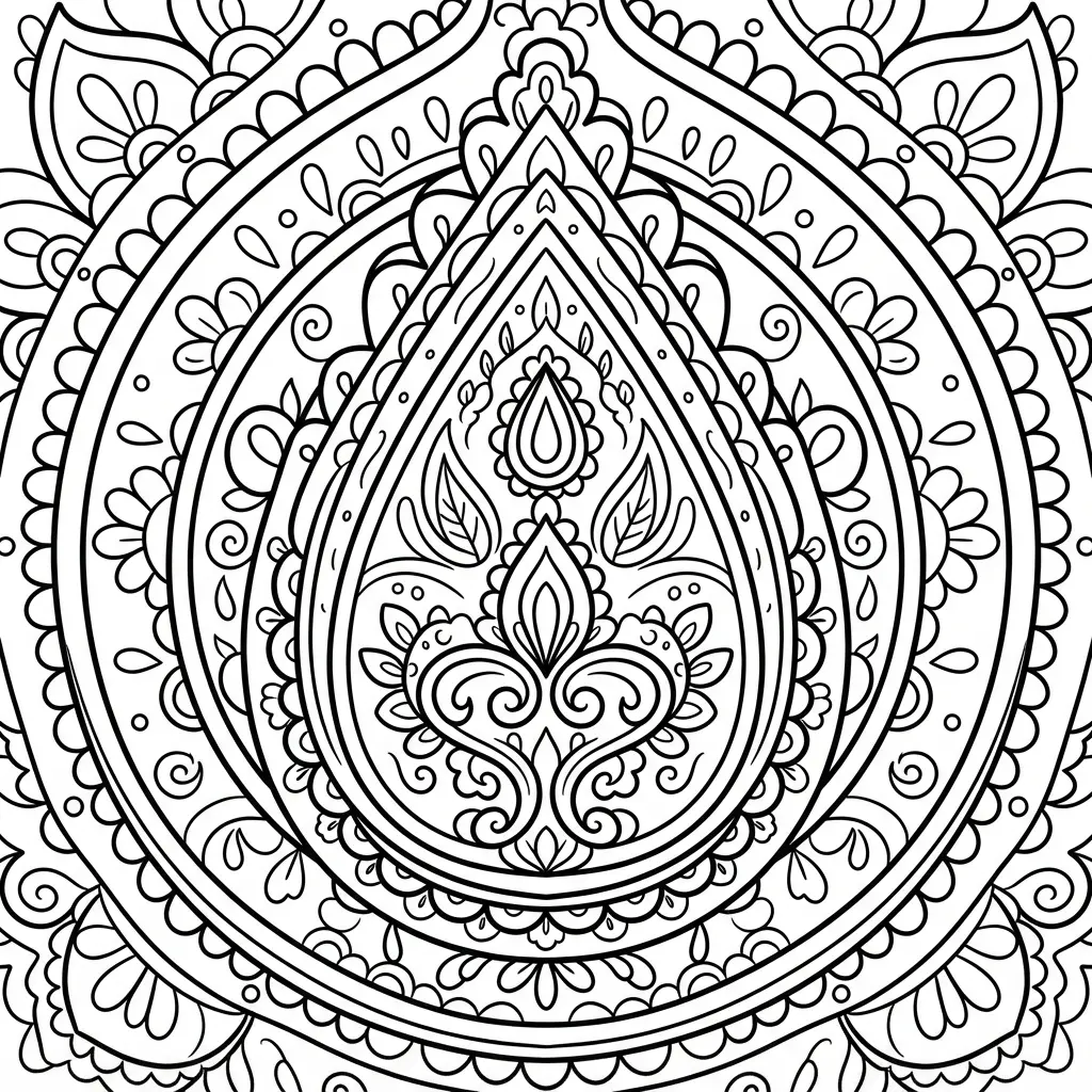 Detailed paisley teardrop motif with nested curves, small leaves, dots, and repeating border lines.