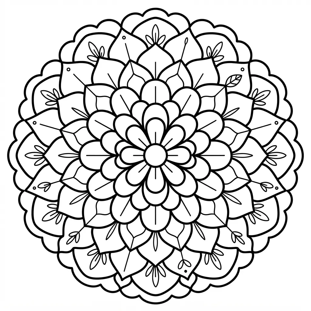 Detailed floral petal layered mandala coloring page with repeated blooms and soft colored pencil shading.