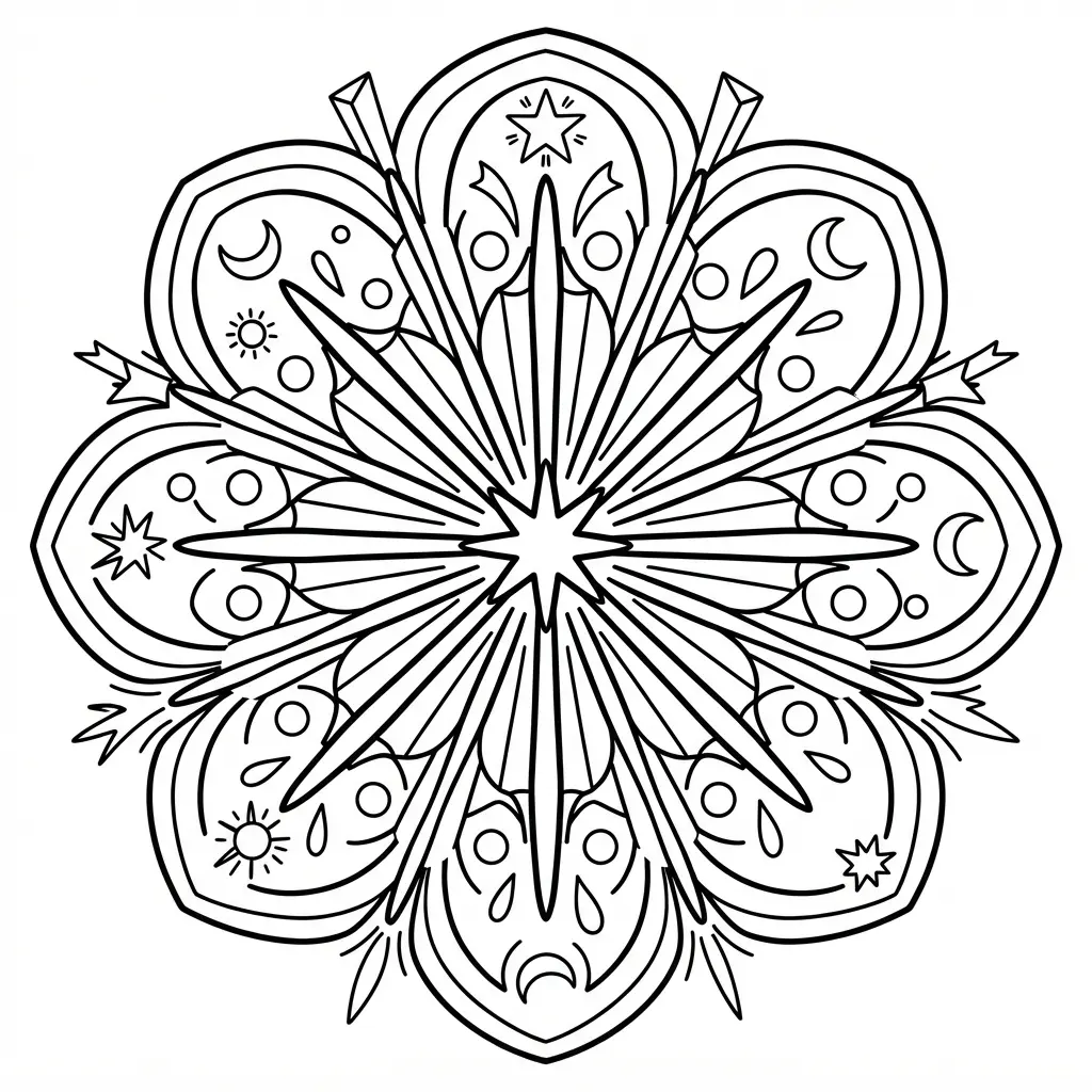Firework burst radial line pattern with pointed rays, small circles, and bright colored sections.