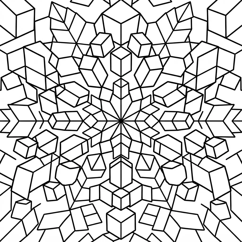 Geometric cube isometric perspective with repeating box shapes, straight edges, and shaded corner sections.
