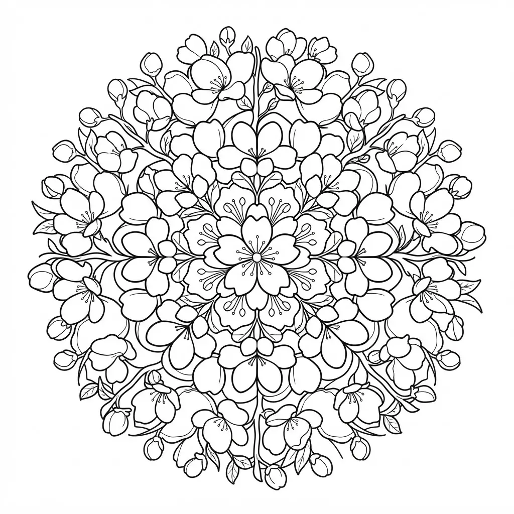 Spring blossom cherry flower with clustered petals, slim branches, leaves, and pink watercolor sections.