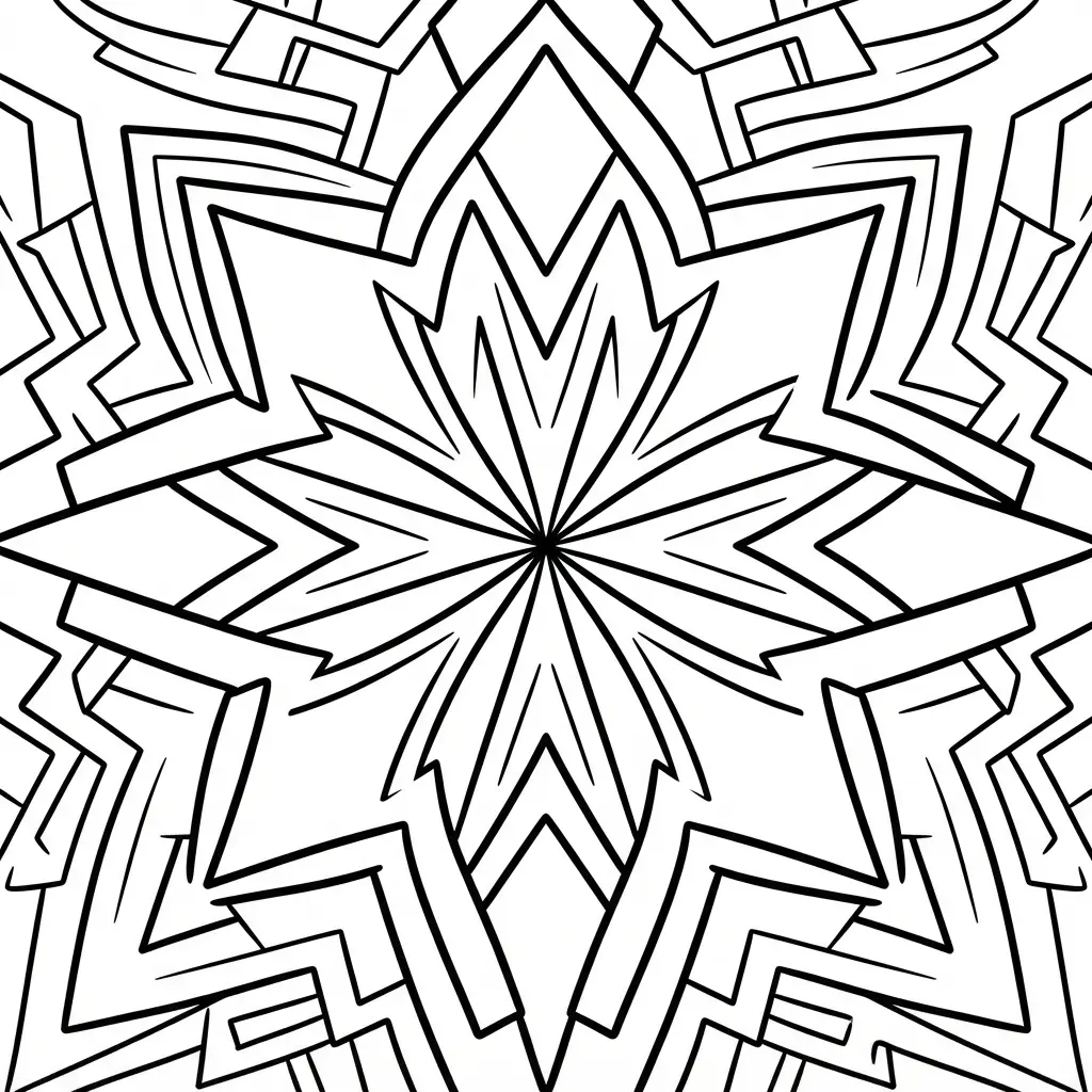 Tribal inspired sharp angle mandala coloring page with bold points, dark outlines, and balanced sections.