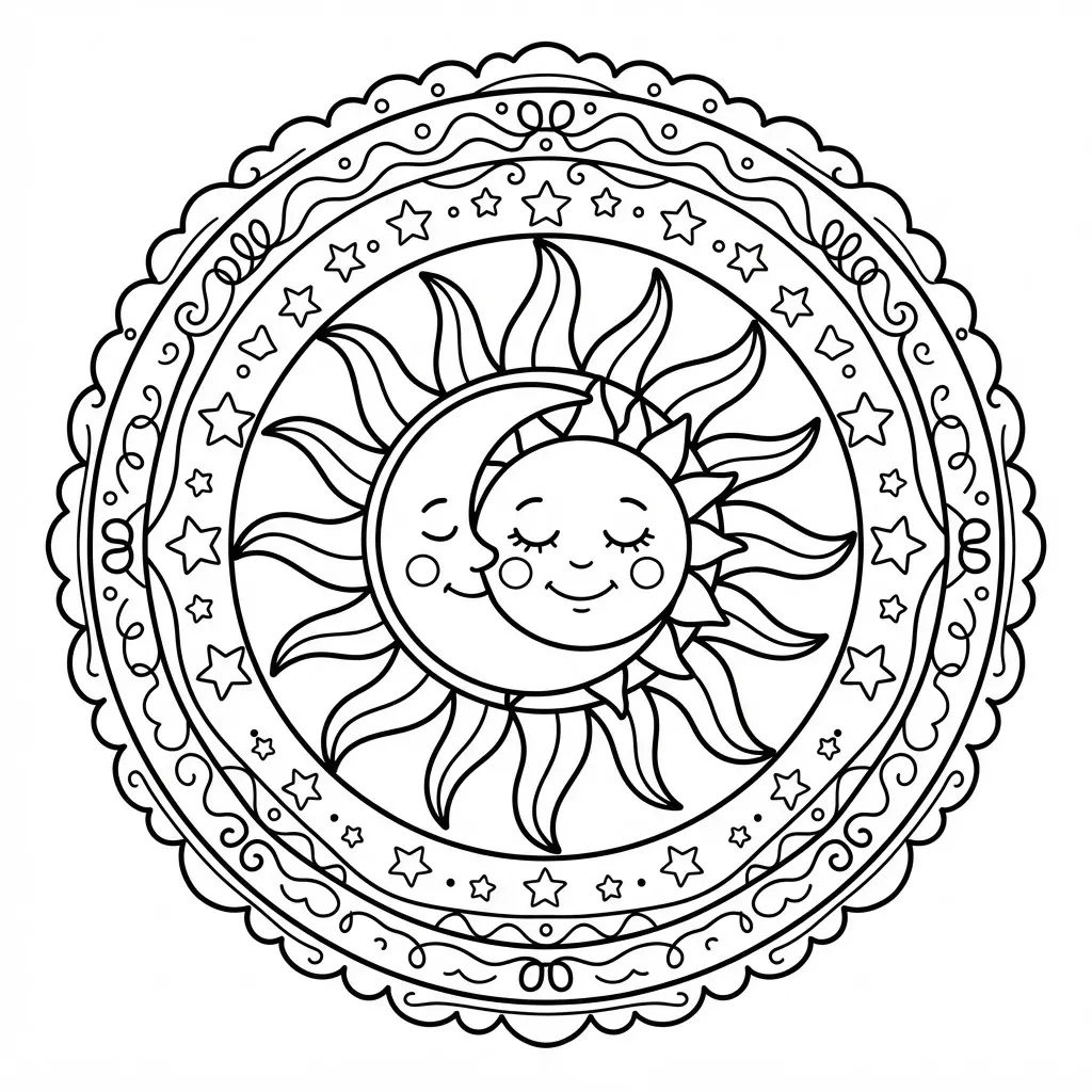 Celestial sun and moon mandala coloring page with stars, curved rays, and layered circular details.