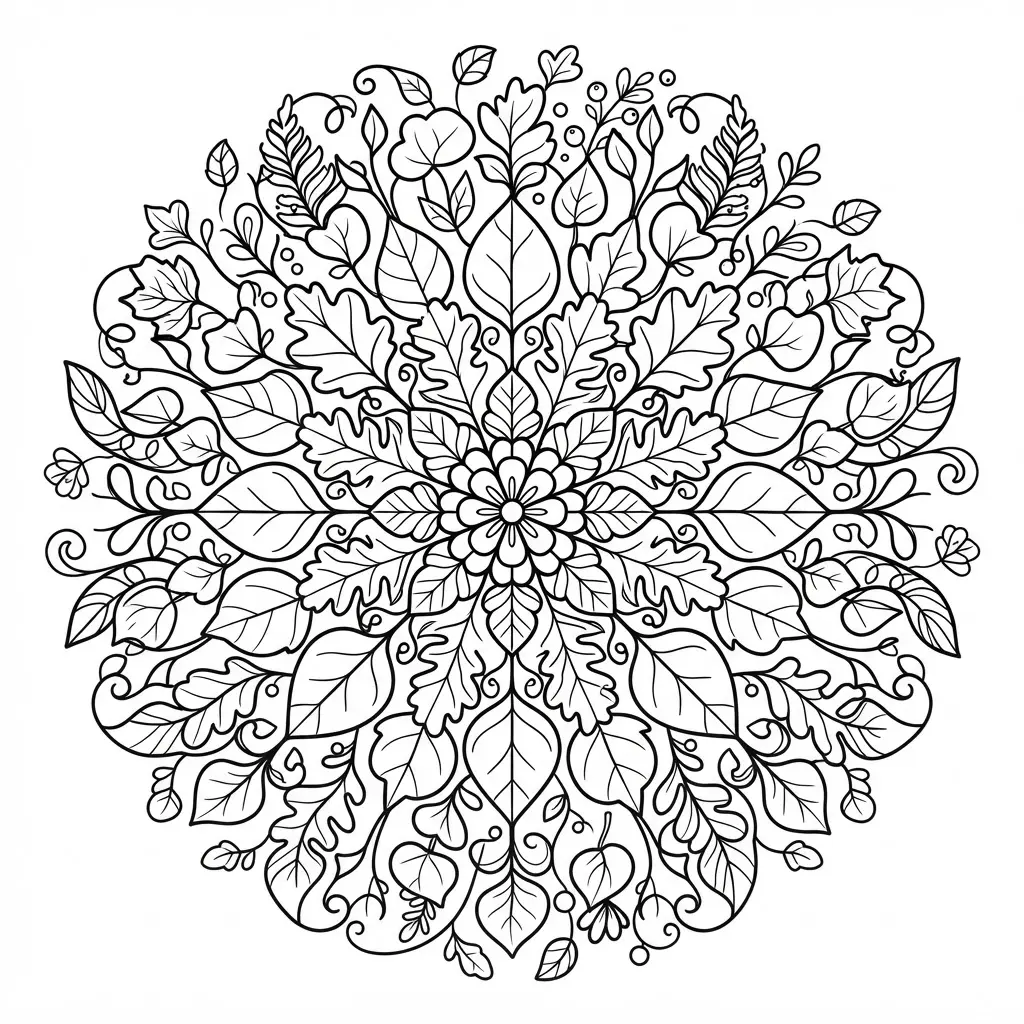 Organic leaf pattern forest mandala coloring page with overlapping leaves, vines, and gentle watercolor areas.