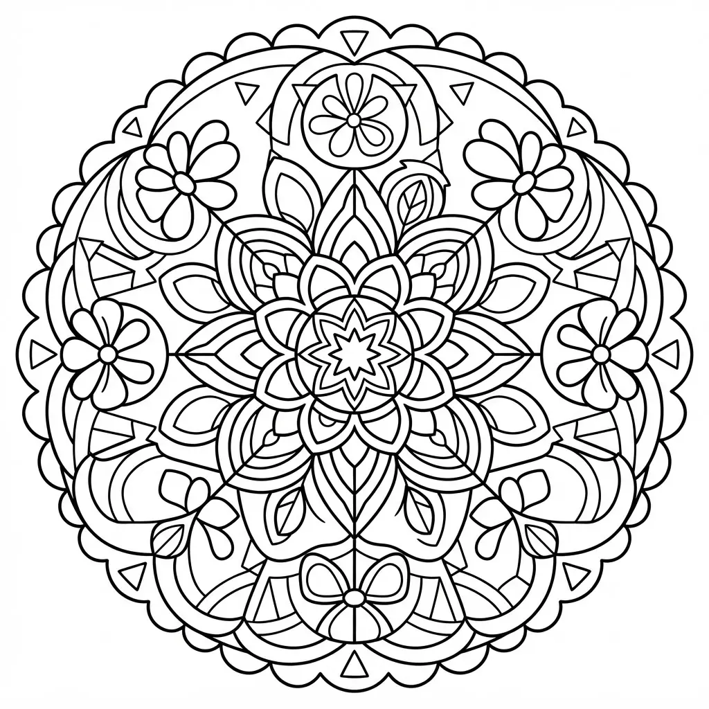 Fractal symmetry kaleidoscope style mandala coloring page with repeating shapes and layered radial detail.