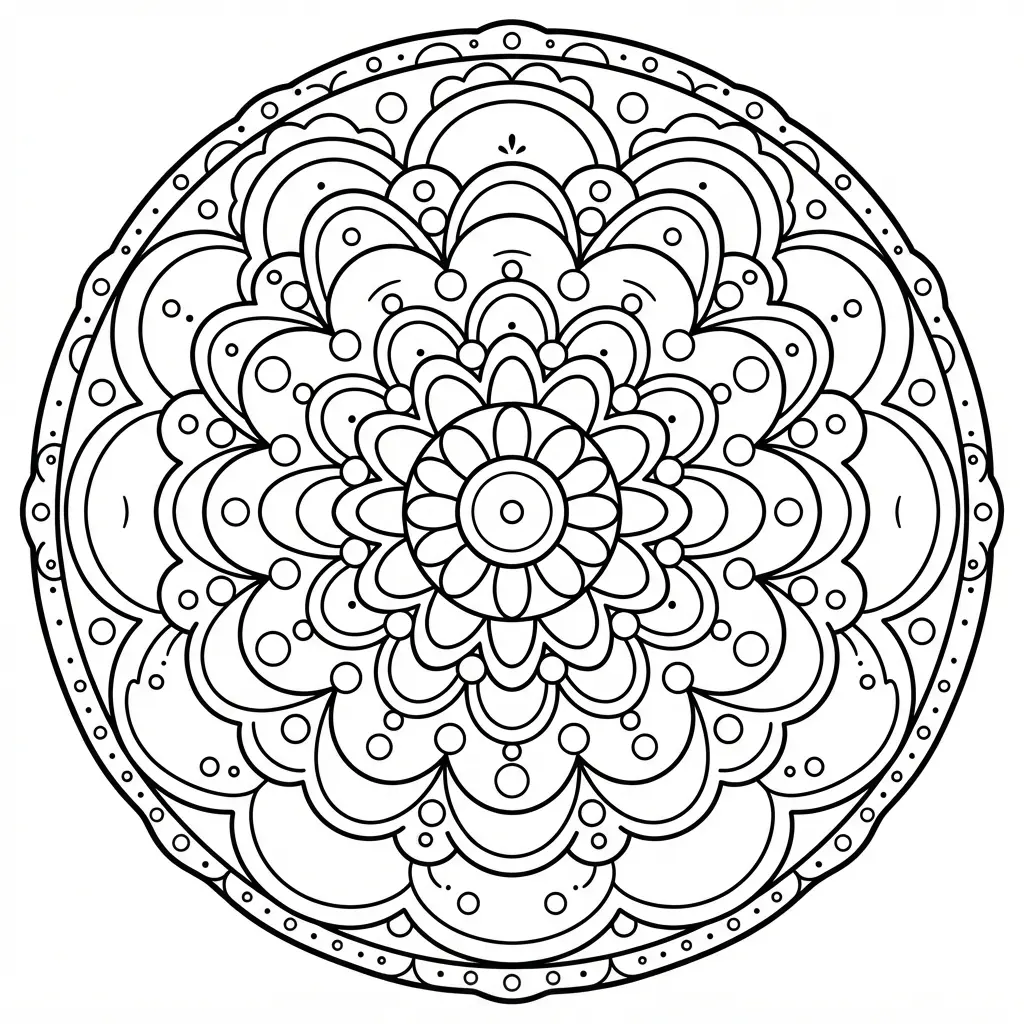 Dotted zen style dotwork mandala coloring page with circular dot rows and small balanced accents.