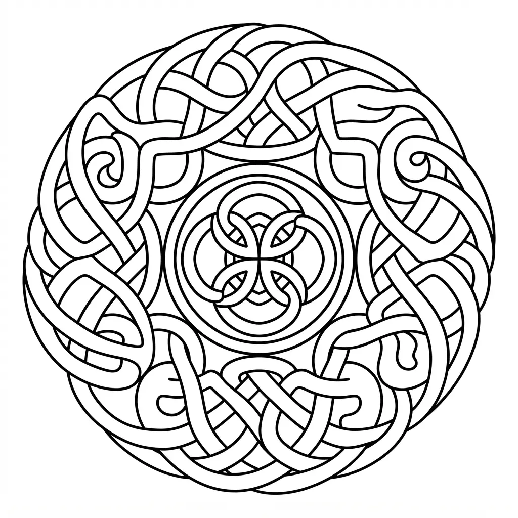 Celtic knotwork interwoven mandala design coloring page with looping bands and even circular spacing.