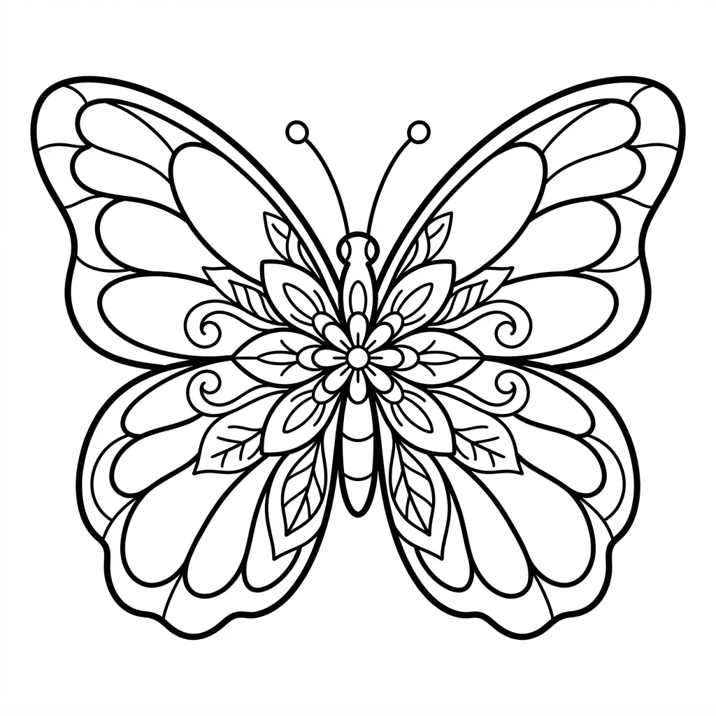 Butterfly wing motif symmetrical mandala coloring page with paired wings, curved veins, and floral accents.
