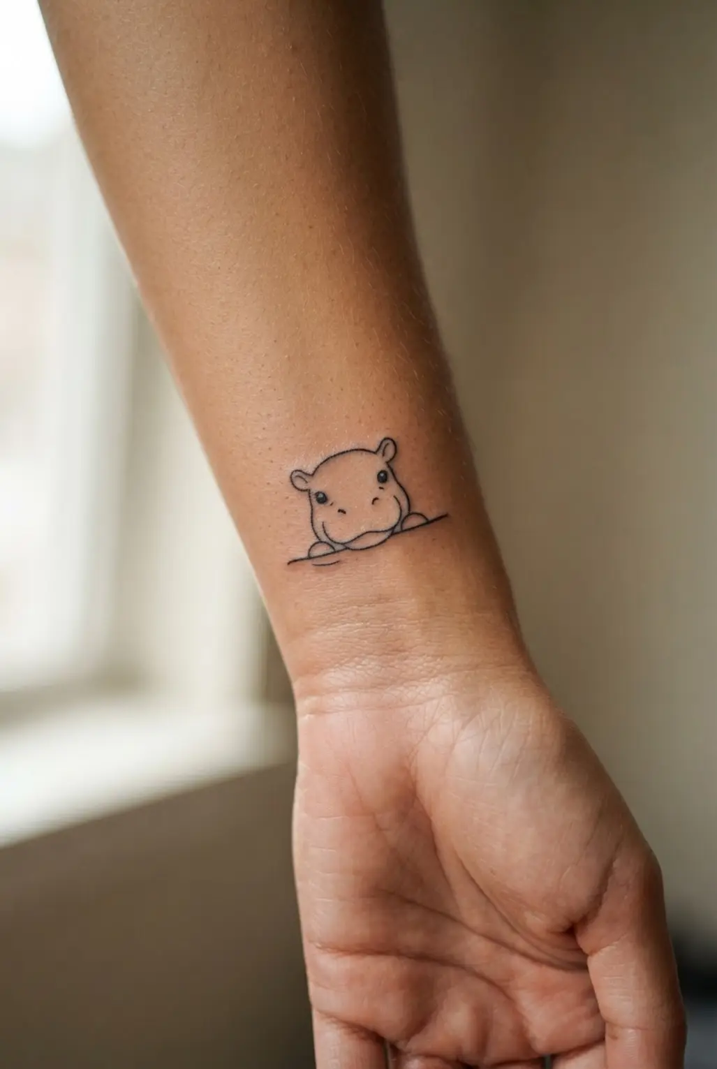 Fine-line Moo Deng hippo tattoo showing a round face peeking above a small curved border.