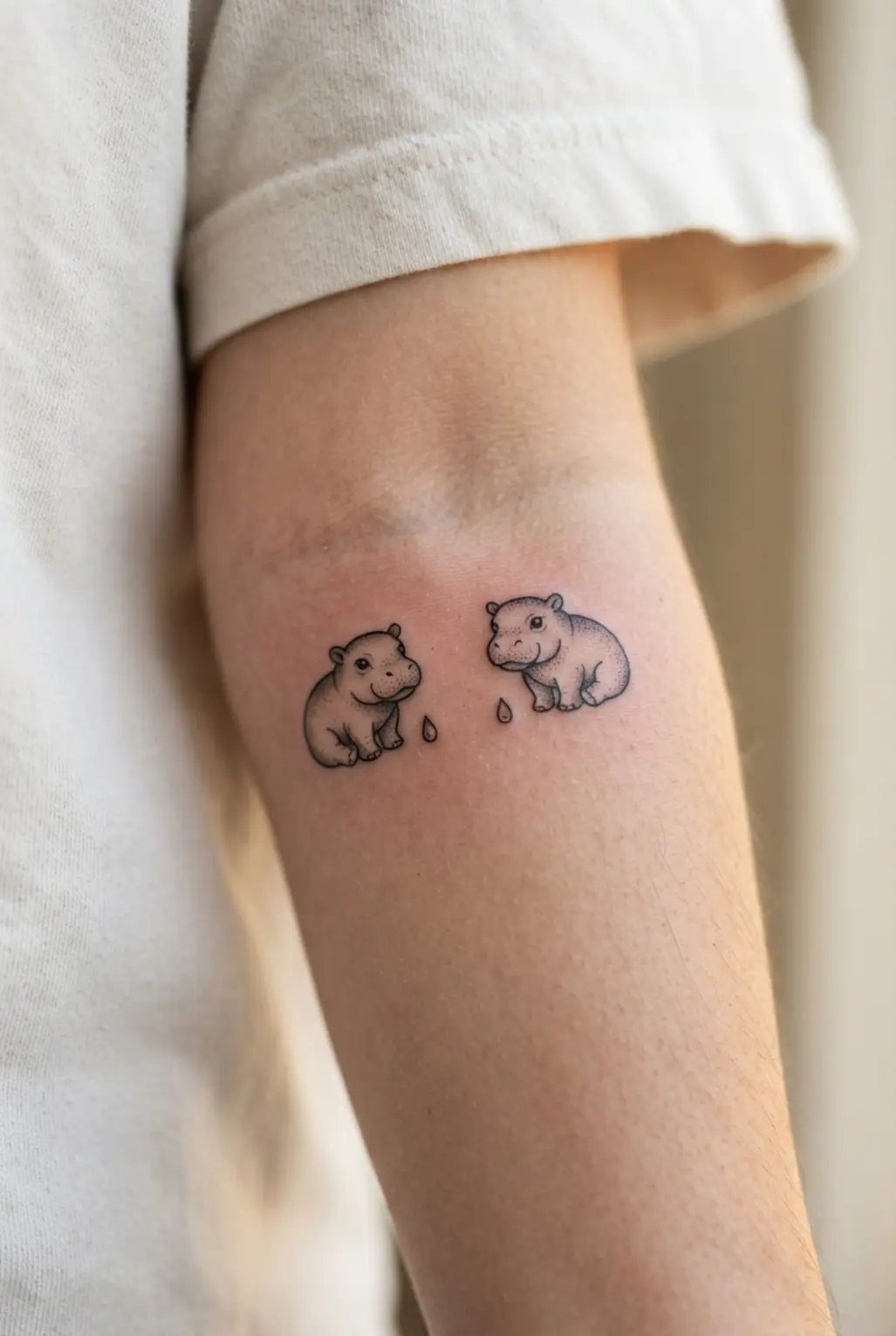 Two matching tiny hippo tattoos paired with small water droplets in a simple black line style.