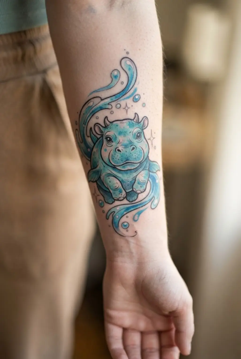 Moo Deng hippo tattoo illustrated as a water creature with small fins, flowing blue water, and curved details.