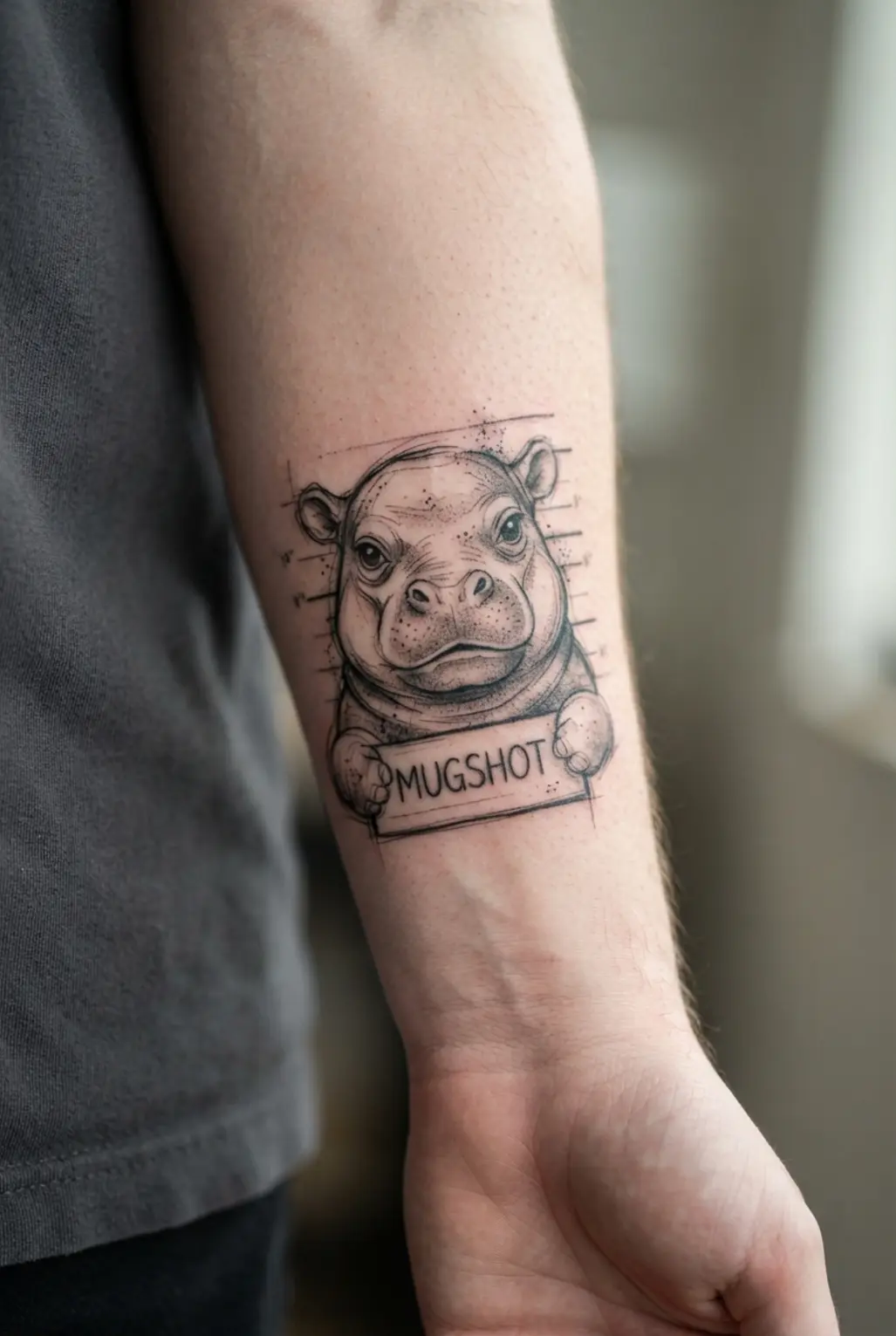 Funny hippo tattoo drawn like a mugshot with a straight-on face, height lines, name plate, and loose black sketch marks.