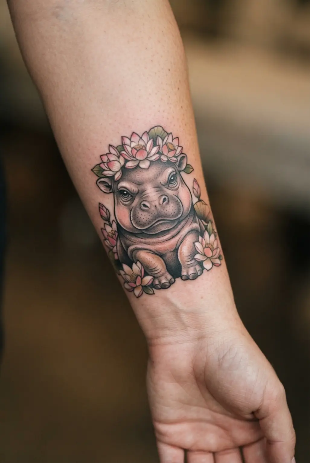 Grumpy hippo tattoo portrait framed by a lotus flower crown with clean black outlines and soft shading.