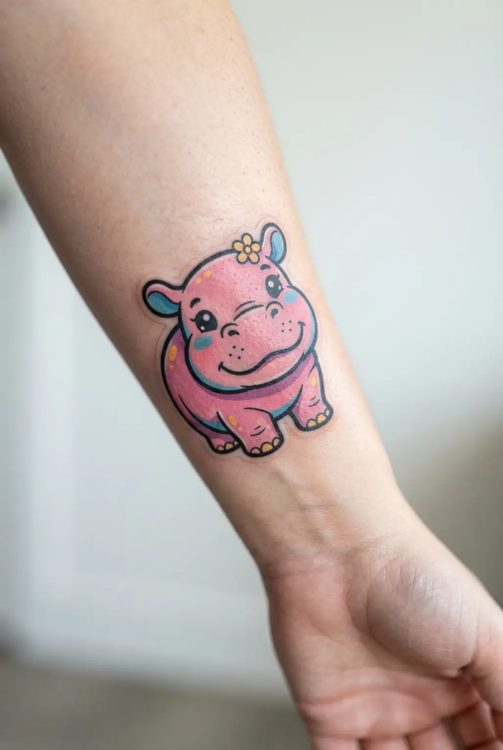 Sticker-style Moo Deng hippo tattoo with saturated pink, blue, and yellow accents around a smiling face.