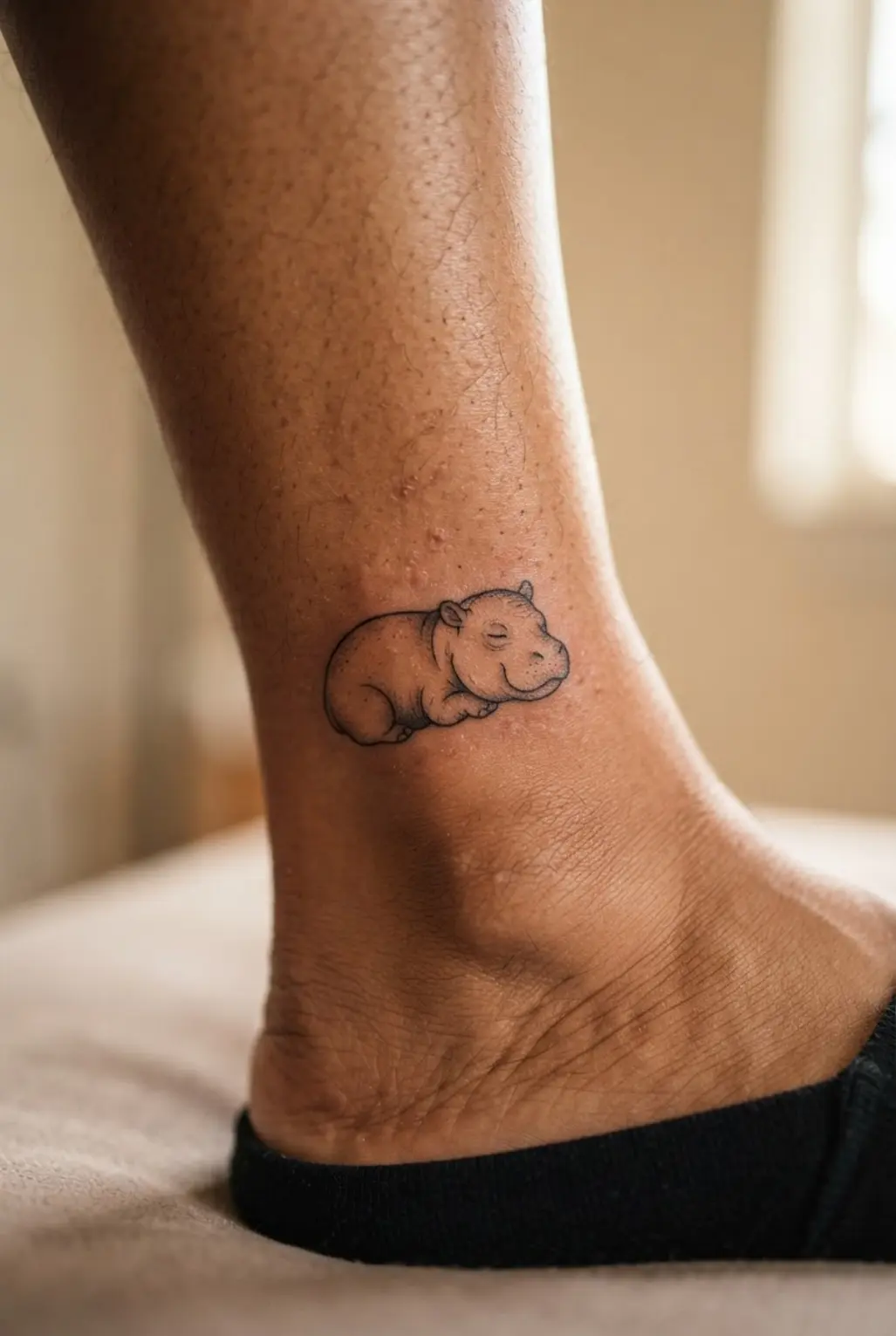 Tiny sleeping hippo tattoo resting on its side with simple black lines and a small ankle placement.