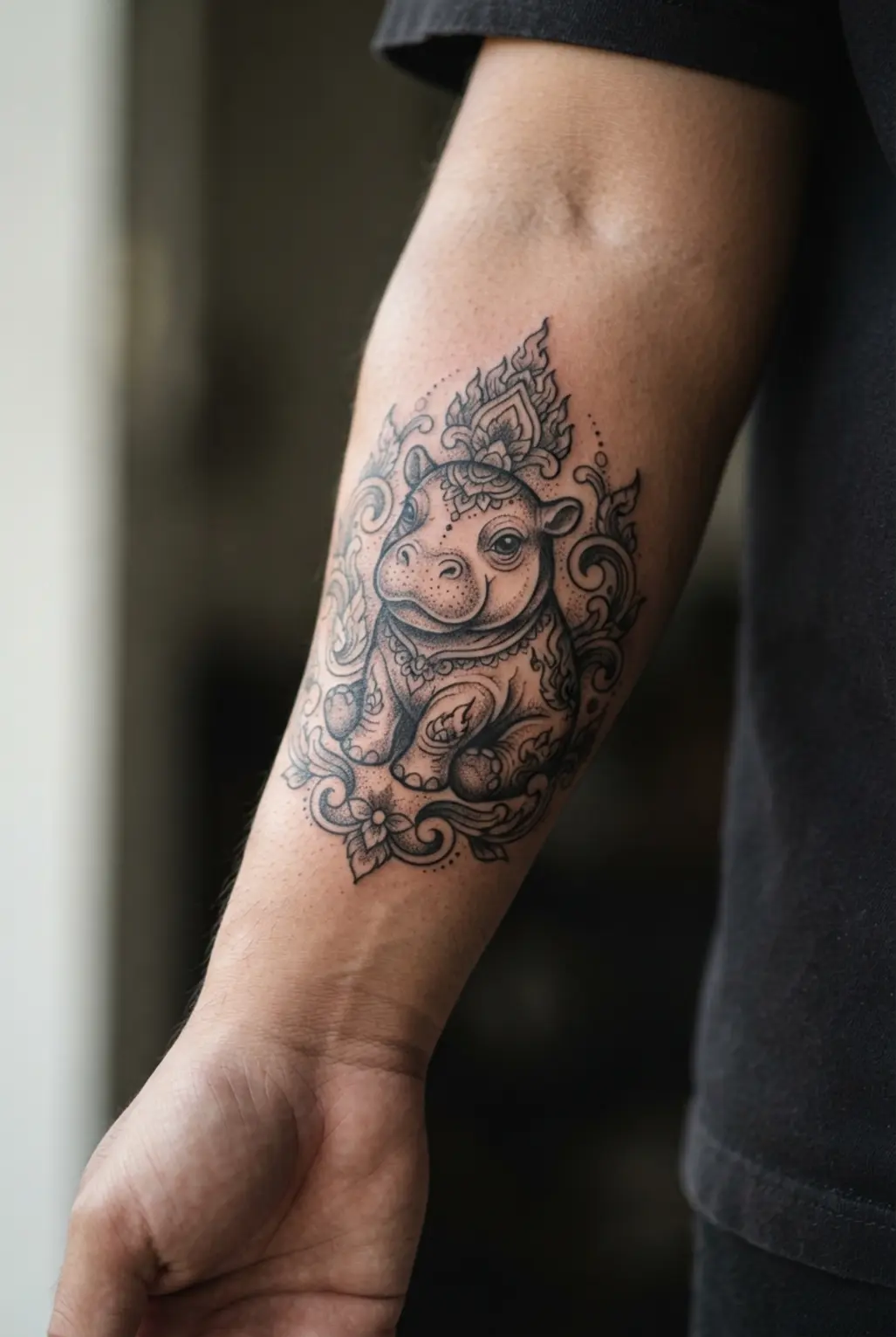 Seated hippo tattoo surrounded by traditional Thai-inspired curls, floral shapes, and bold black ornamental lines.