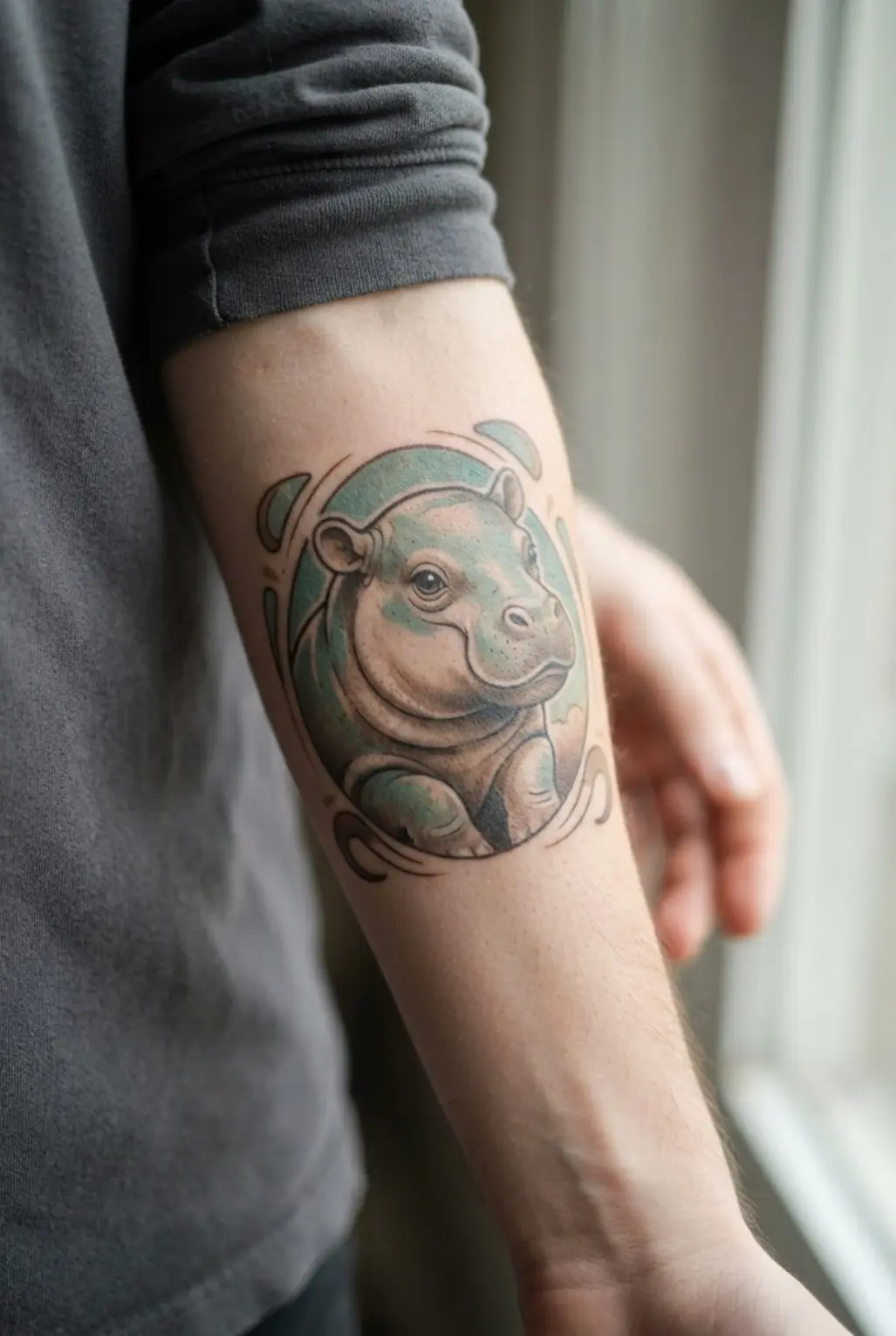 Hippo tattoo styled like a vintage zoo poster with a cream background, dark border, and retro lettering.