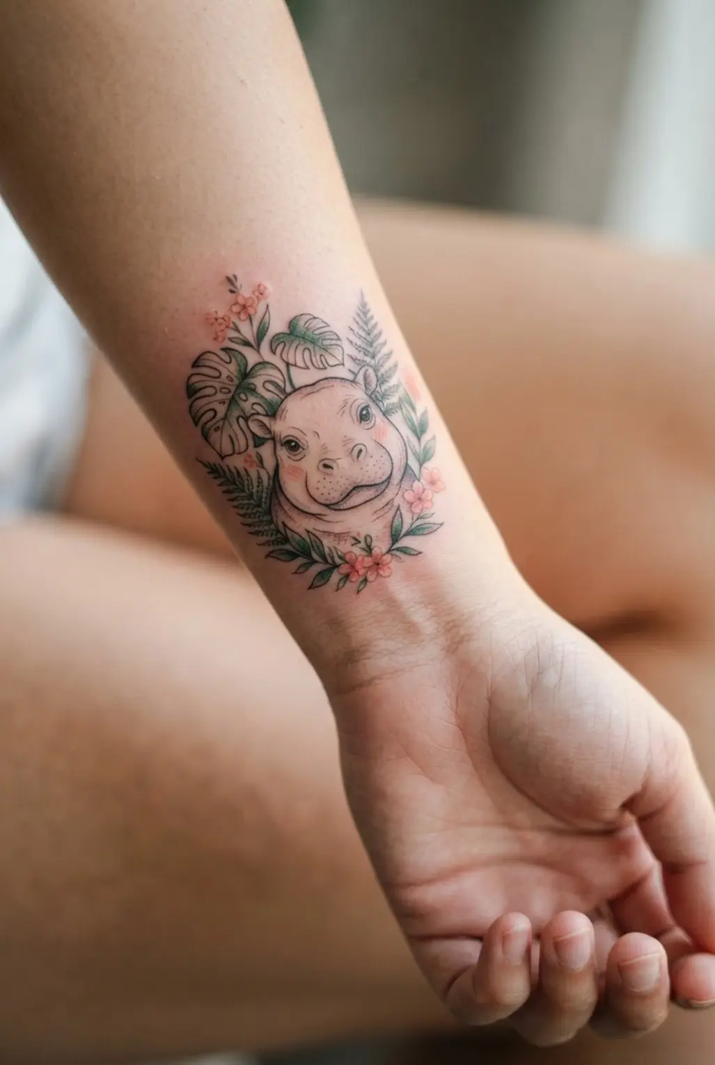 Moo Deng hippo tattoo portrait framed by tropical leaves, small flowers, and fine botanical line work.