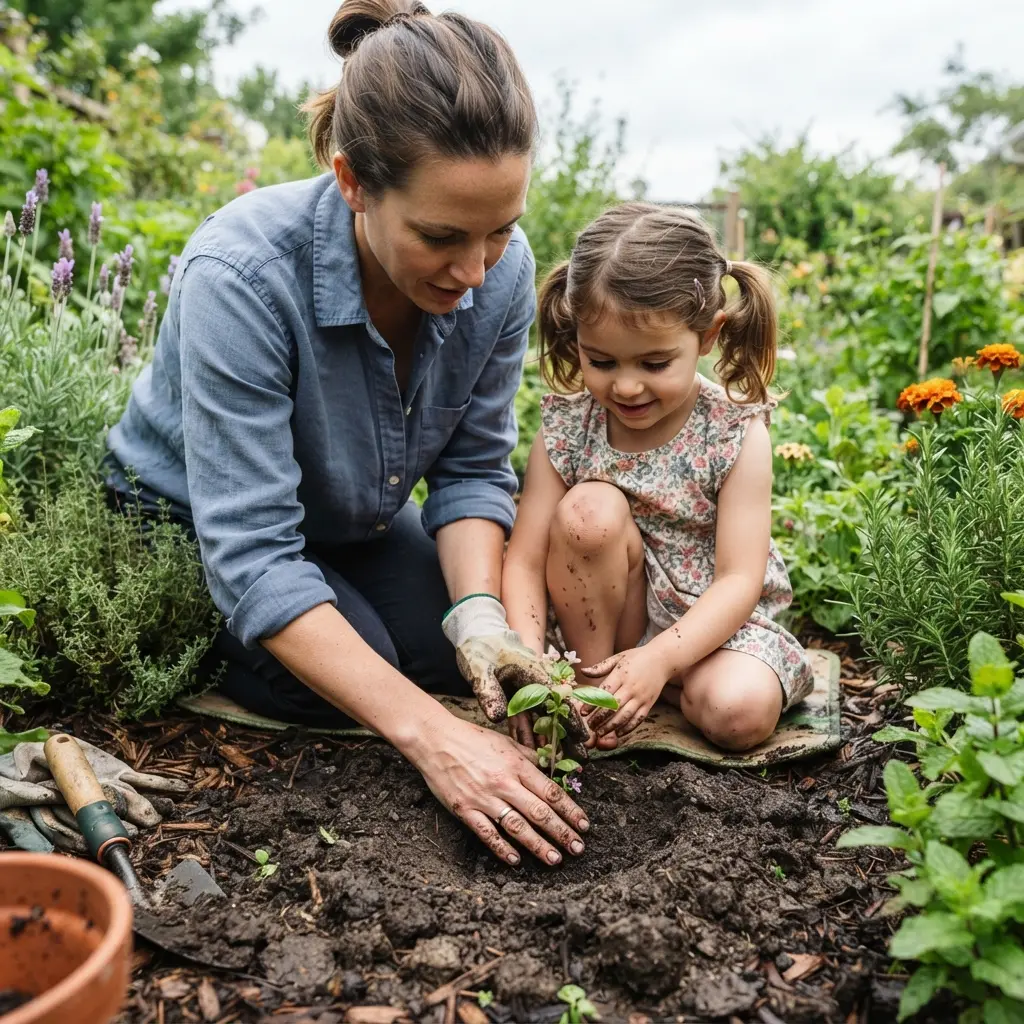 Watercolor garden illustration showing a mother and daughter planting flowers beside a shared growth saying.