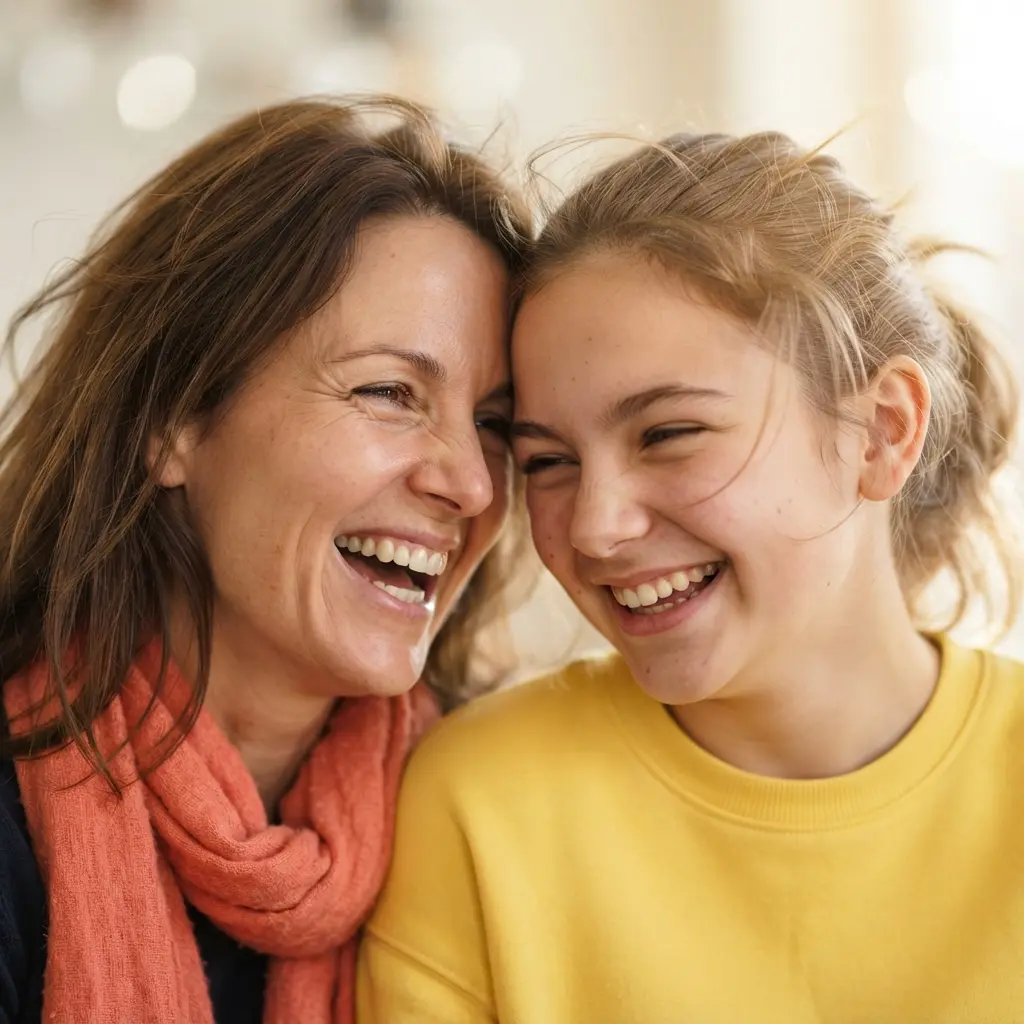 Bold brush lettering on a cream card beside two smiling women, with a short family caption.