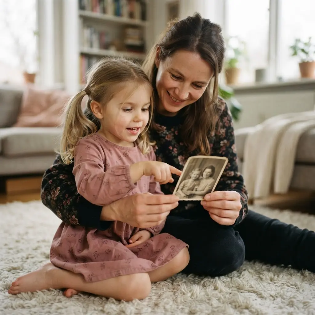 Fine ink lettering beside a framed portrait of a mother and daughter smiling during a family memory.