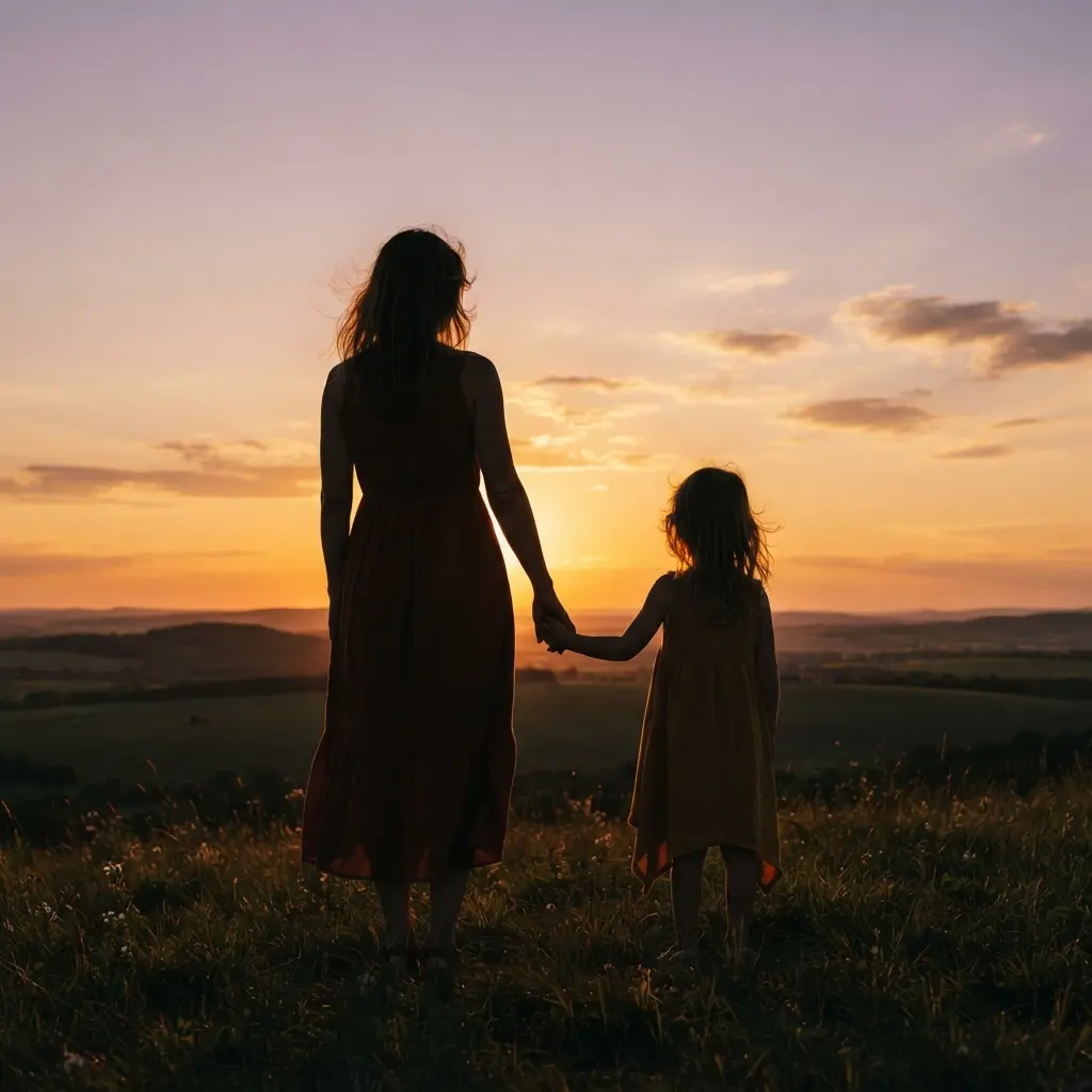 Colored pencil artwork of mother and daughter silhouettes standing beside an uplifting family saying.