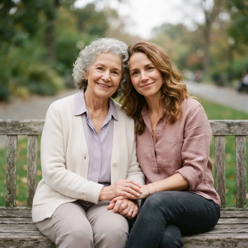 Soft pastel portrait of a mother and daughter sitting close together beside a simple lasting family bond quote.