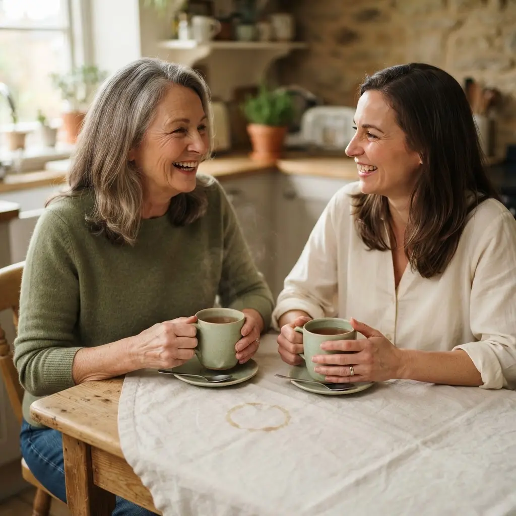 Hand-lettered quote card with two women sharing tea at a table, representing Mother and Daughter Relationship Quotes.