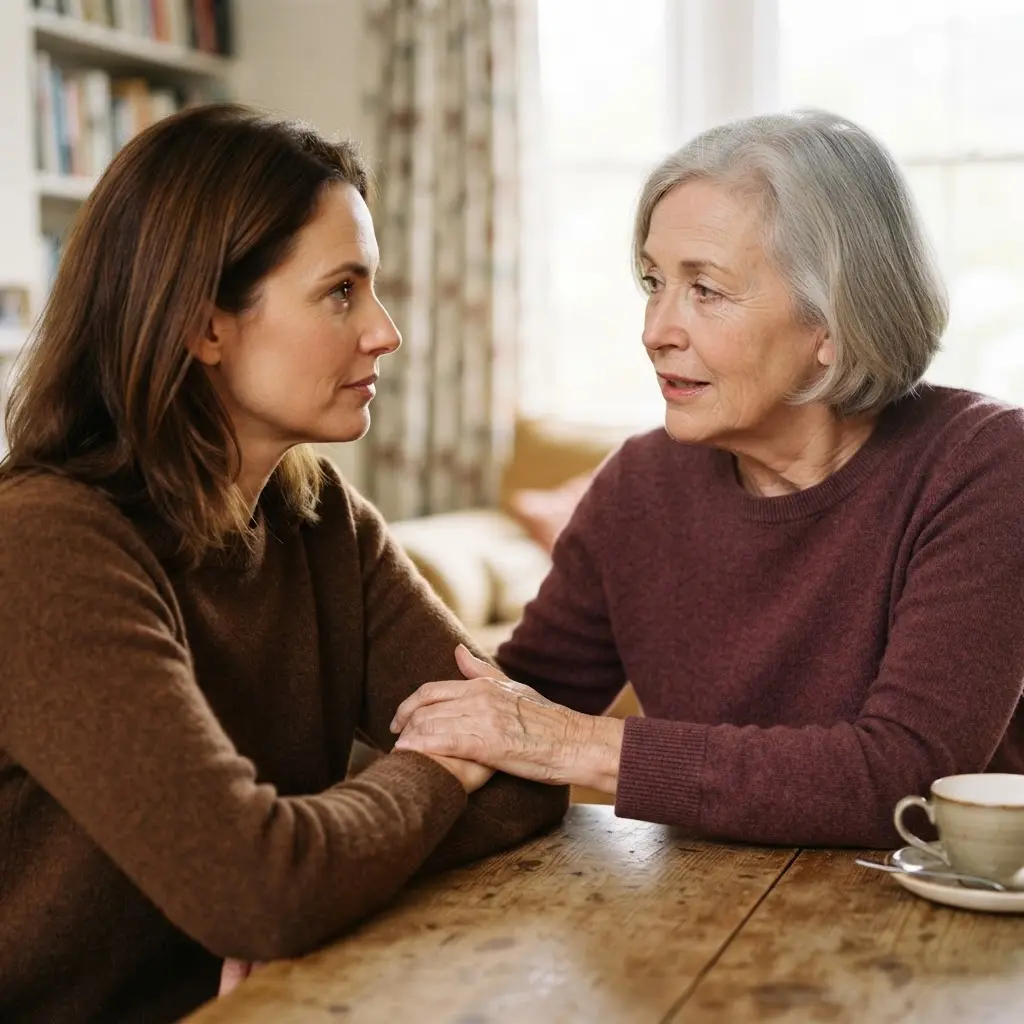Ink quote card showing an older woman speaking with her adult daughter, presenting Mother and Daughter Relationship Quotes.