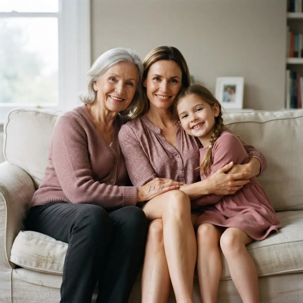 Pencil portrait showing a grandmother, mother, and daughter seated together beside a framed family saying.