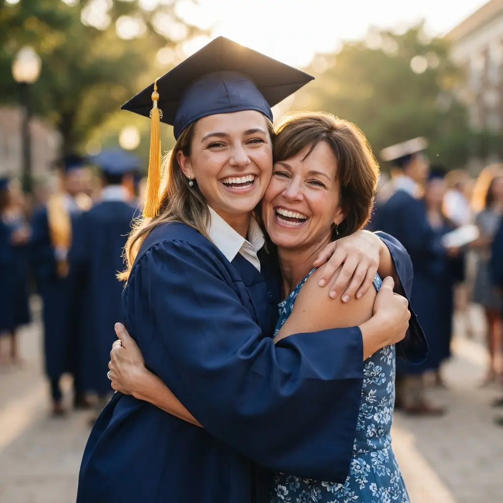 Watercolor scene of a mother hugging her daughter in a graduation gown beside Mother and Daughter Relationship Quotes.
