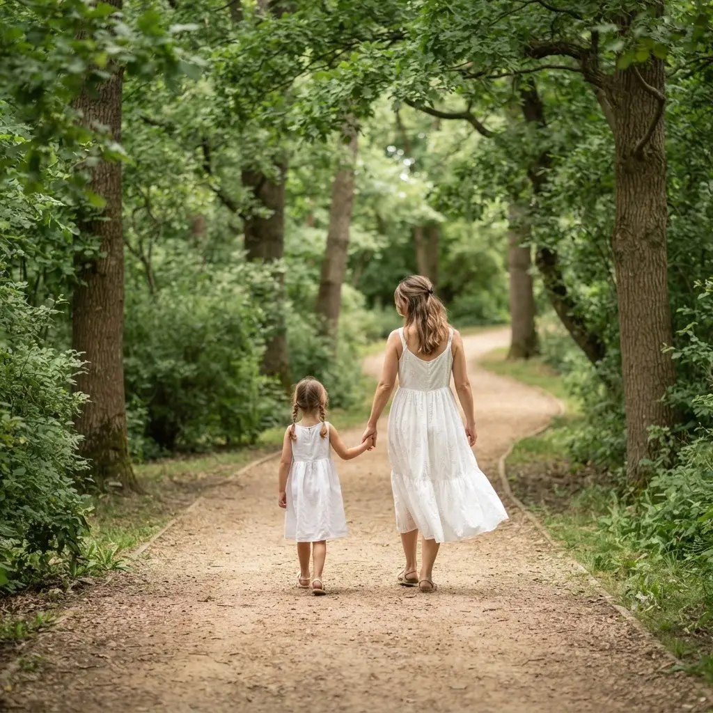 Minimalist line drawing of a mother and daughter walking together beneath a growth-themed quote about Mother and Daughter Relationship Quotes.
