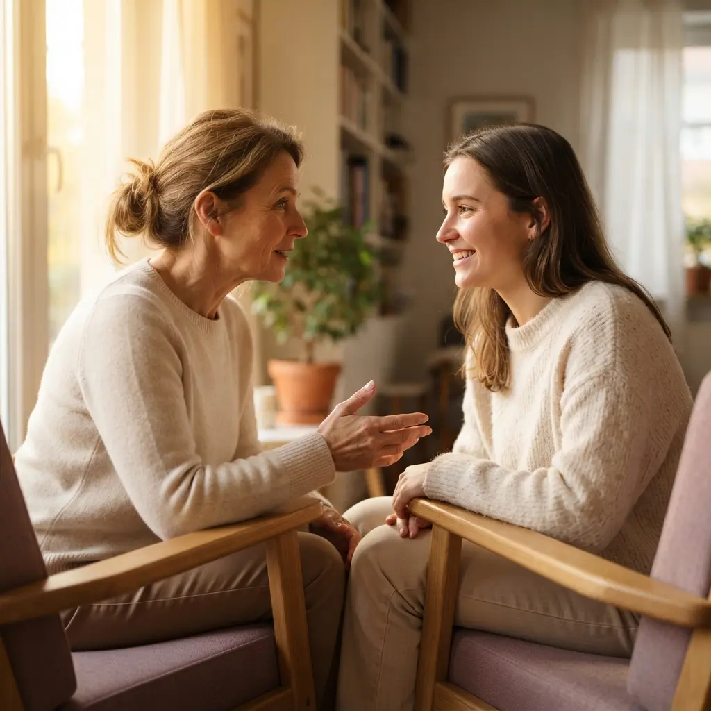 Pastel quote card showing a mother and daughter seated together in a quiet room with warm window light.