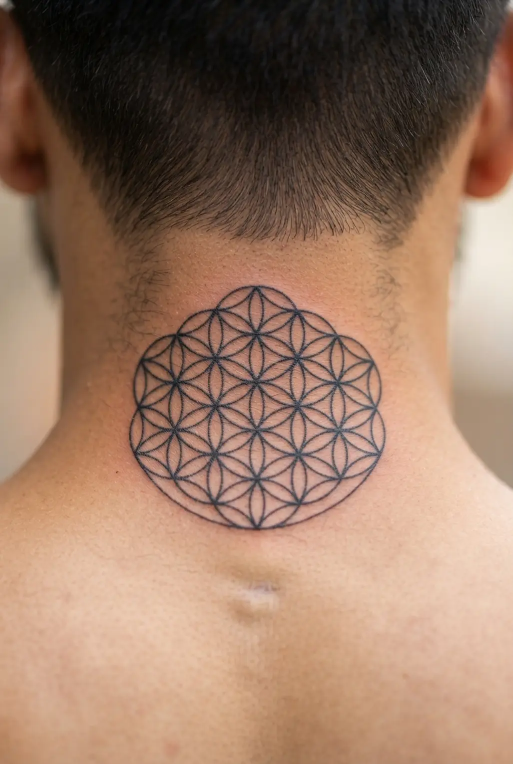 Intricate sacred geometry tattoo placed on the nape of the neck.
