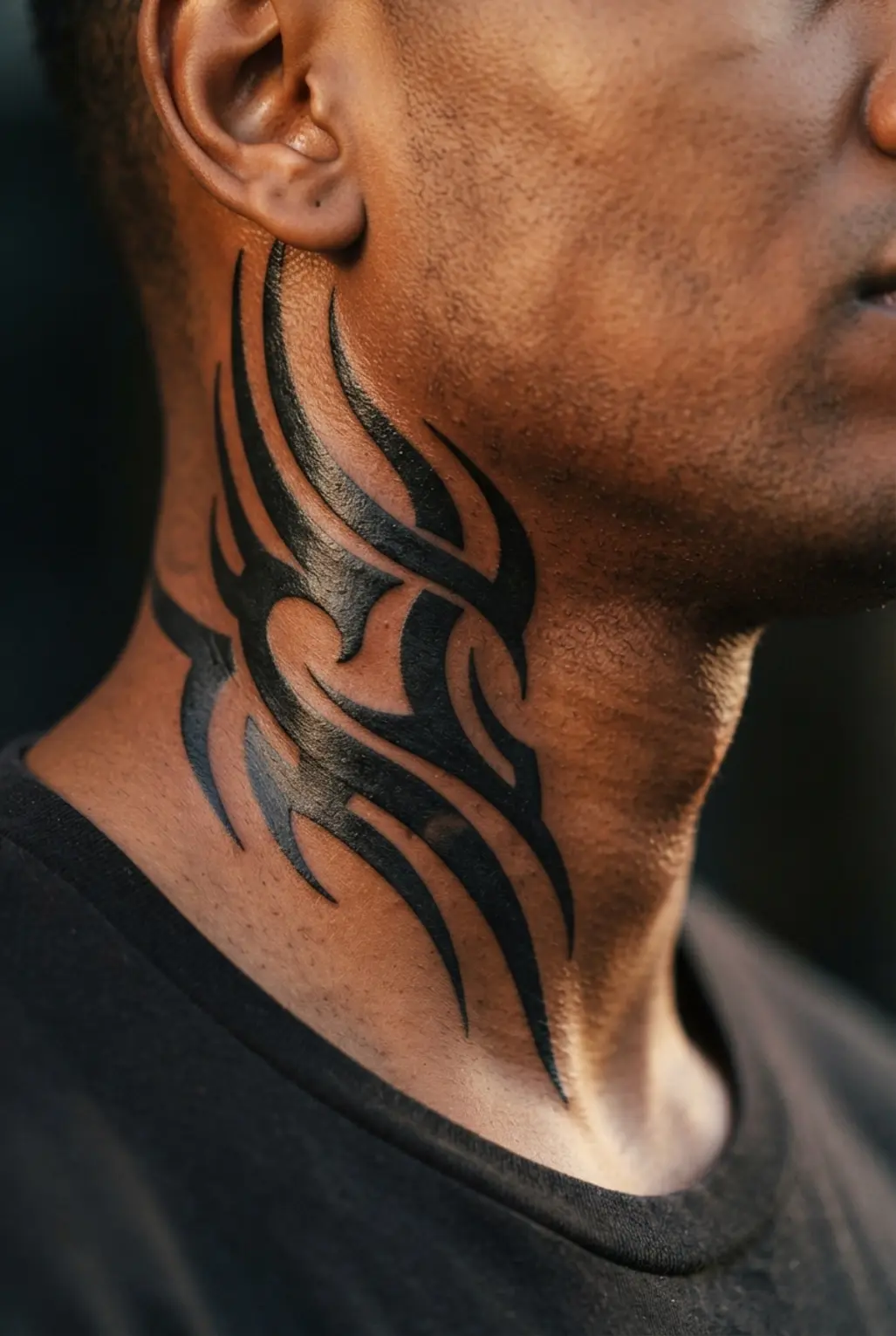 Bold tribal tattoo design that follows the neck's muscular contours.