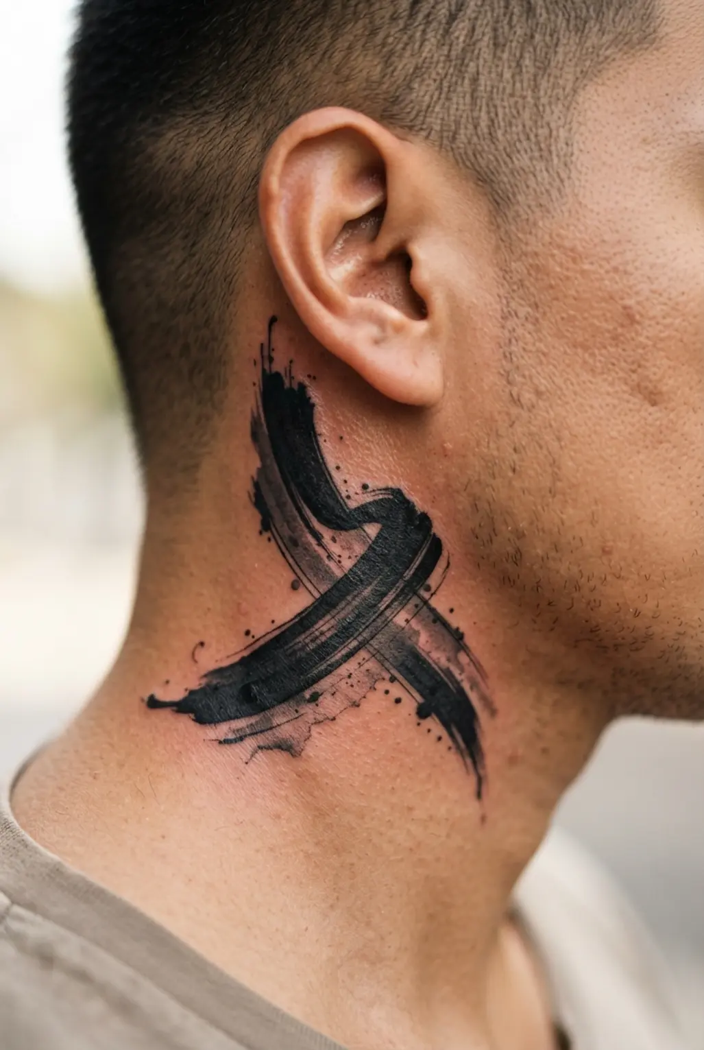 Artistic brushstroke style tattoo on the side of the neck.
