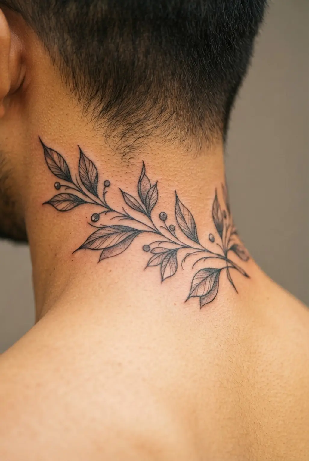Detailed botanical branch tattoo spanning the nape of the neck.