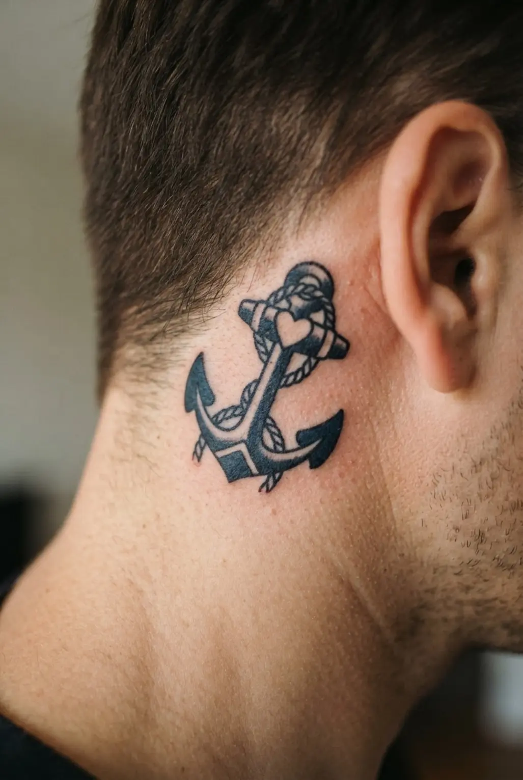 Classic sailor anchor tattoo positioned behind the ear.