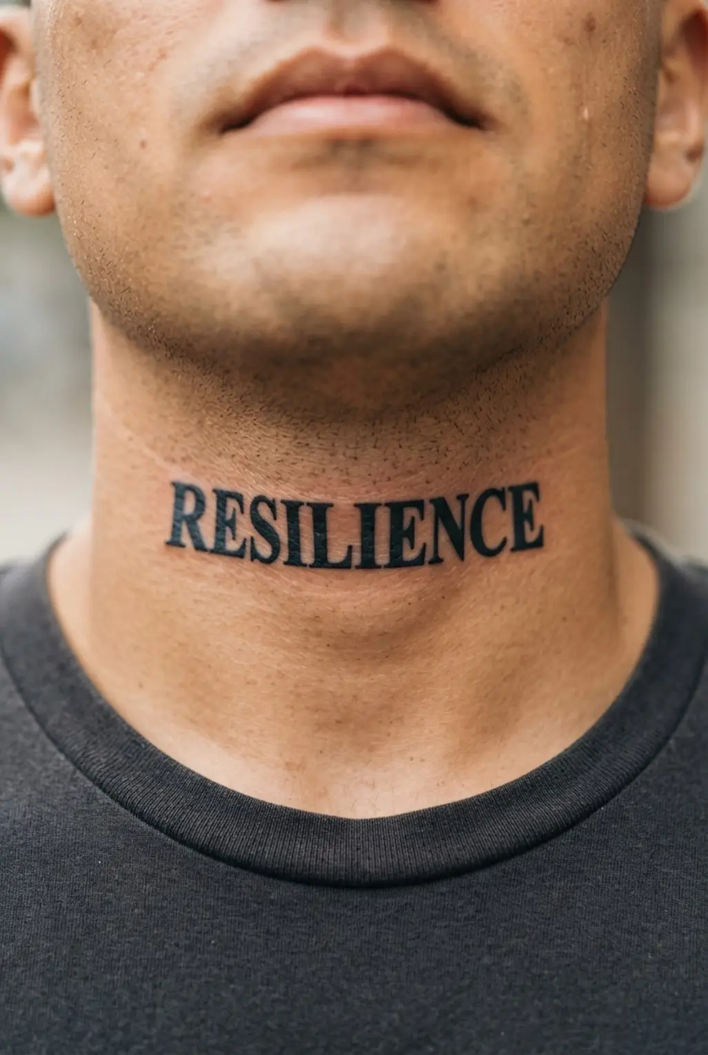 Bold serif font word tattoo centered on the front of the neck.