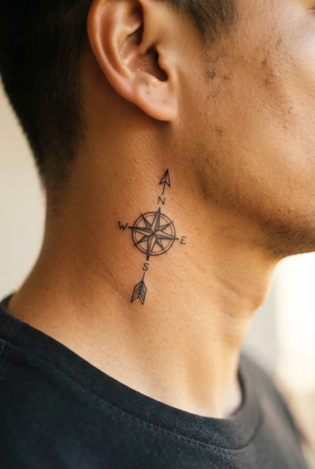 Minimalist compass and arrow tattoo on the side of the neck.