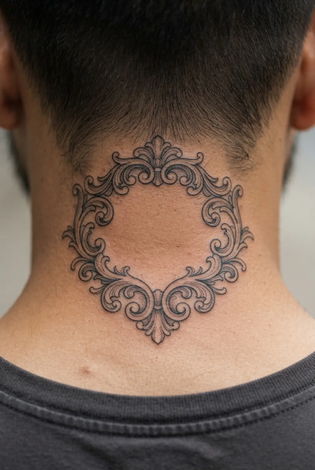 Ornate filigree tattoo creating a frame on the nape.